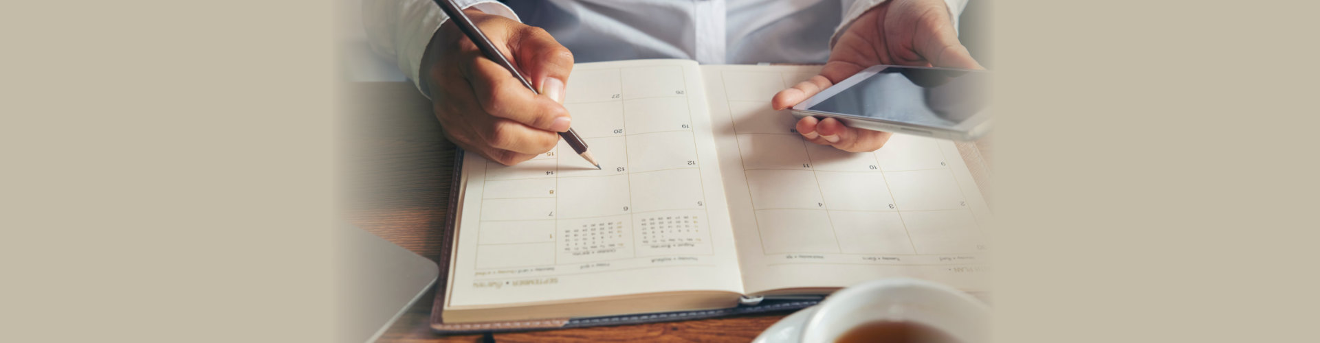 Planner plan Schedule Calendar and reminder agenda, work online at home. Women hand planning daily appointment and note holiday trip in diary at office desk. Calendar reminder event concept.